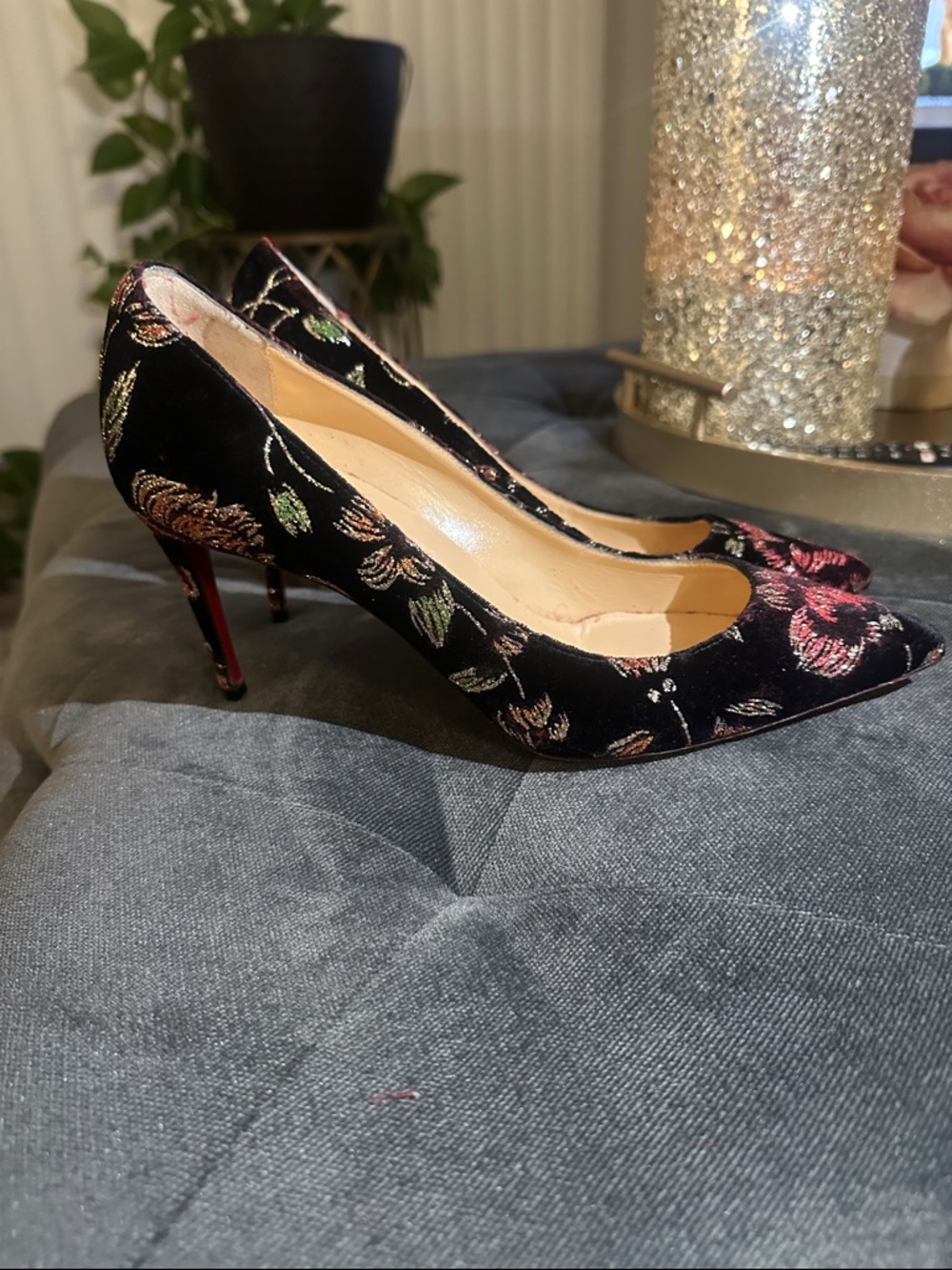 Christian Louboutin Black Velvet Floral Embroidered Pointed Pumps
